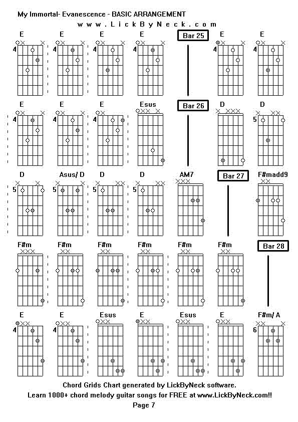 Chord Grids Chart of chord melody fingerstyle guitar song-My Immortal- Evanescence - BASIC ARRANGEMENT,generated by LickByNeck software.